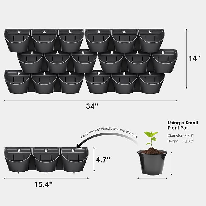 Worth Garden Upgraded 6 Sets (18 Pockets) Self Watering Stackable Vertical Planters - Wall Mounted Plastic Plant Grow Pots fr Strawberries Flowers Herbs - Indoor Outdoor Green Wall Decoration (Black)