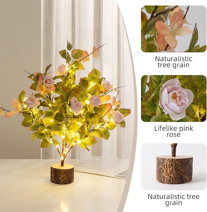 19 Inch Artificial Rose Tree Lights, Faux Silk Flower Tree with Butterfly Ivy, Prelit Tabletop Tree with Timer for Living Room Home Indoor Outdoor Decor (Pink Green)