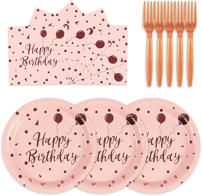 75PCS Happy Birthday Paper Plates - 7 Inch Rose Gold Dot Paper Plates and 6.5 Inch Napkins with 6.3 Inch Gold Forks Disposable Tableware Set for Birthday Party Decorations, Serves 25