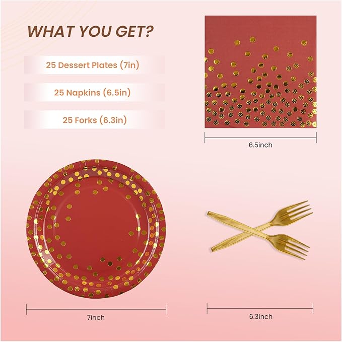 75PCS Paper Plates and Napkins Set - Red and Gold Dot Disposable Party Dinnerware Includes Paper Plates, Napkins, Forks Decorations for Graduations, Birthdays and Weddings, Serves 25