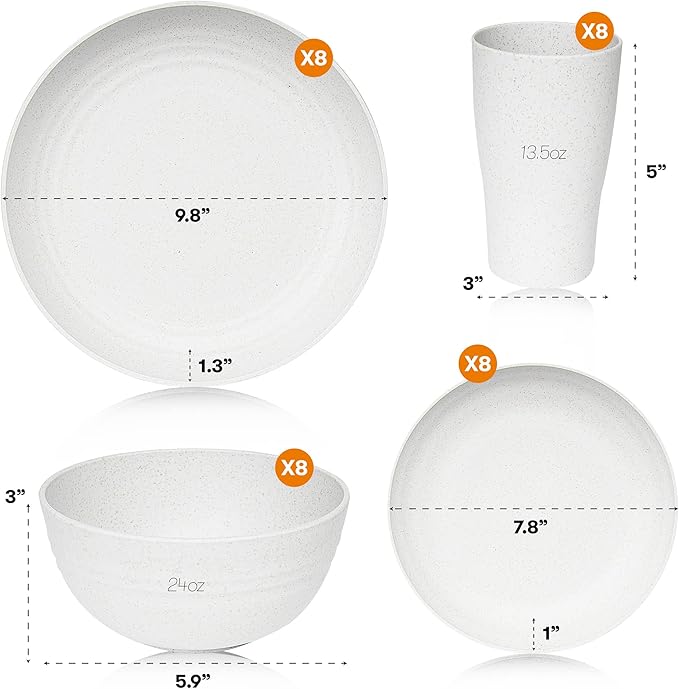 Wheat Straw Dinnerware Sets | Unbreakable Dinnerware Sets | Dishwasher Microwave Safe Dinnerware | Eco Friendly Non Breakable Dinnerware Sets | RV Outdoor Camping (White, Service for 8 (32 pcs))