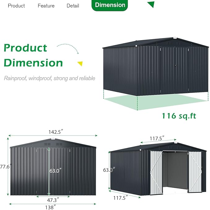 AECOJOY 12' x 10' Outdoor Storage Shed, Dark Grey Large 10x12 Sheds & Outdoor Storage Clearance with Lockable Doors, Utility and Tool Storage Garden Shed Backyard, Patio and Outside use