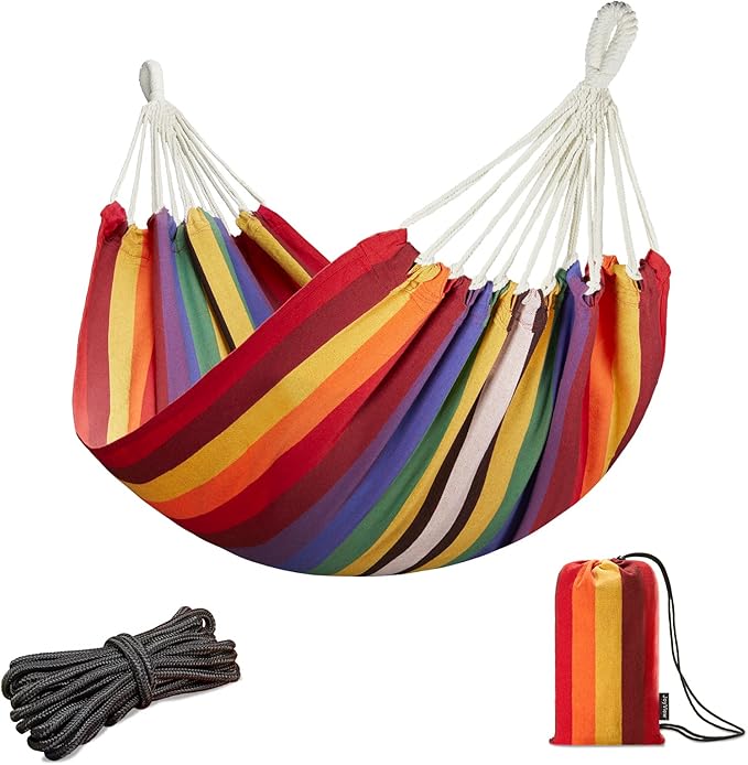 JoyView Brazilian Hammock for Single Person - Portable Cotton Hammock with Hanging Ropes & Carry Bag - 78.8x39.4' - 300LBS Capacity - Red Stripes