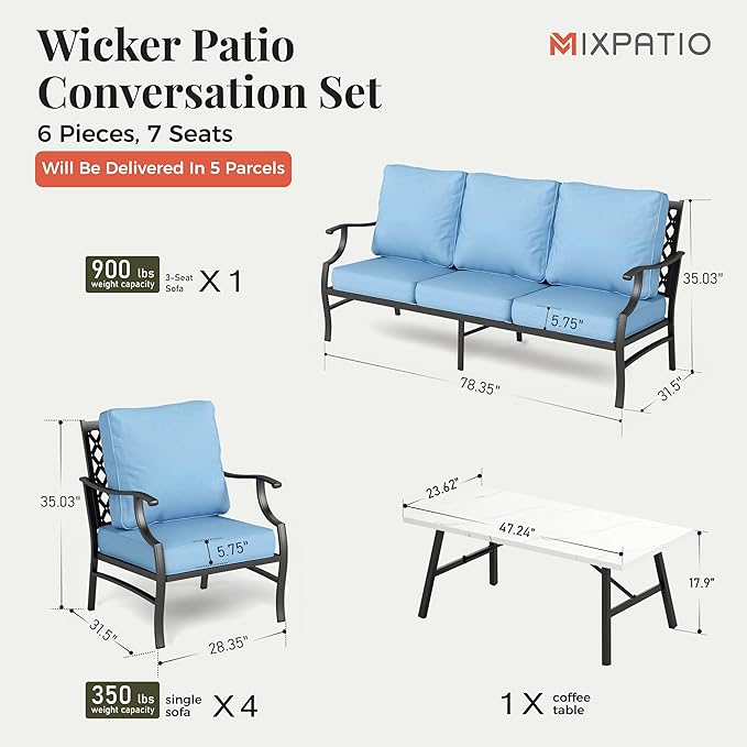Patio Furniture Set 6 pcs, Outdoor Patio Furniture, 1 X 3-Seat Sofa, 4 X Single Chairs, 1 X Coffee Table and 5.75" Extra Thick Cushion, Patio Conversation Set,Blue