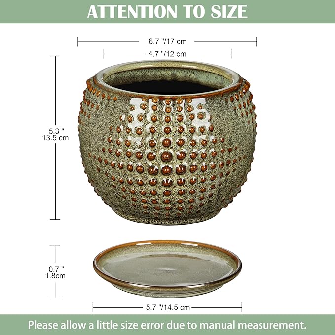 Ceramic Pot for Indoor Plants, 7 inch Plant Pot with Drainage Hole and Saucer Decorative Brown Planter with Saucer Indoor Outdoor Flower Pots for Succulent Snake Plant Pothos Orchid