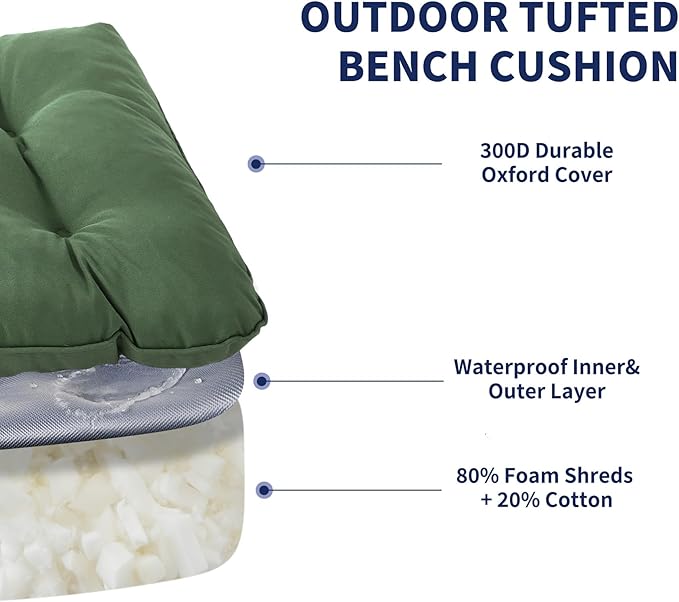 Outdoor Bench Cushion, 48x18x5 Inch, Waterproof Bench Cushion for Outdoor/Indoor Furniture, Tufted Patio Bench Seat Cushion, Fade Resistant Outdoor Cushions for Porch Swing Couch, Dark Green