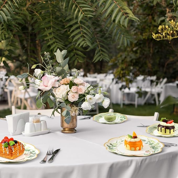 Tanlade 96 Pcs Sage Green Eucalyptus Theme Party Supplies Plates and Napkins Serve 24, Disposable Eucalyptus Paper Scalloped Dinner Plates 2 Ply Paper Napkins for Wedding Bridal Shower