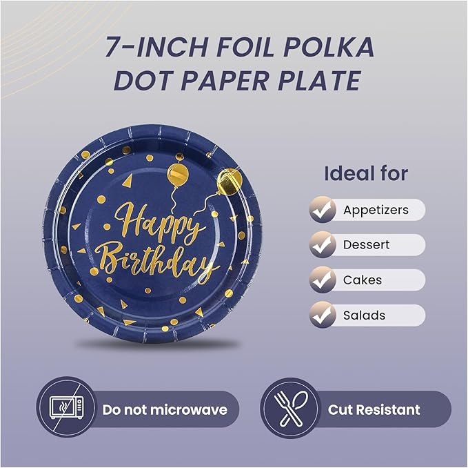 75PCS Happy Birthday Paper Plates - 7 Inch Dark Blue Gold Dot Paper Plates and 6.5 Inch Napkins with 6.3 Inch Forks Disposable Tableware Set for Birthday Party Decorations, Serves 25