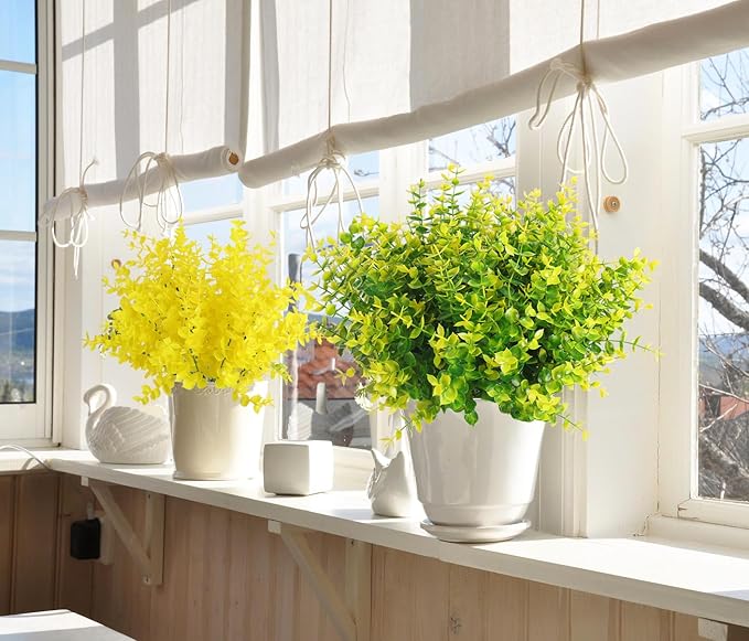 RECUTMS Artificial Boxwood Plants Outdoor Fake Spring Plants Uv Resistant Artificial Shrubs for Outdoors Greenery Stems Outdoor Flowers That Look Real Artificial Eucalyptus (Yellow Eucalyptus)