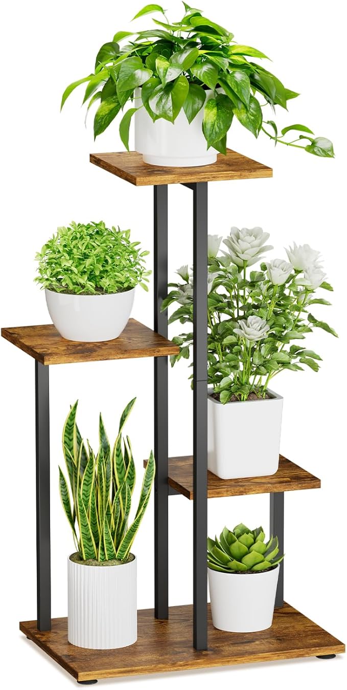 iDavosic.ly 4 Tier Plant Stand Indoor, Tiered Corner Plant Shelf for Multiple Plants, Metal Wood Tall Plant Display Rack Flower Holder for Patio Porch Garden Balcony Bedroom, Black
