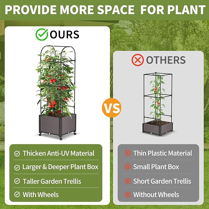 Raised Garden Bed Planter Box with Trellis, 61'' Tomato Planters for Climbing Plants Vegetable Vine Flowers Outdoor Patio Tomato Cage, Self Watering Planter with Wheels
