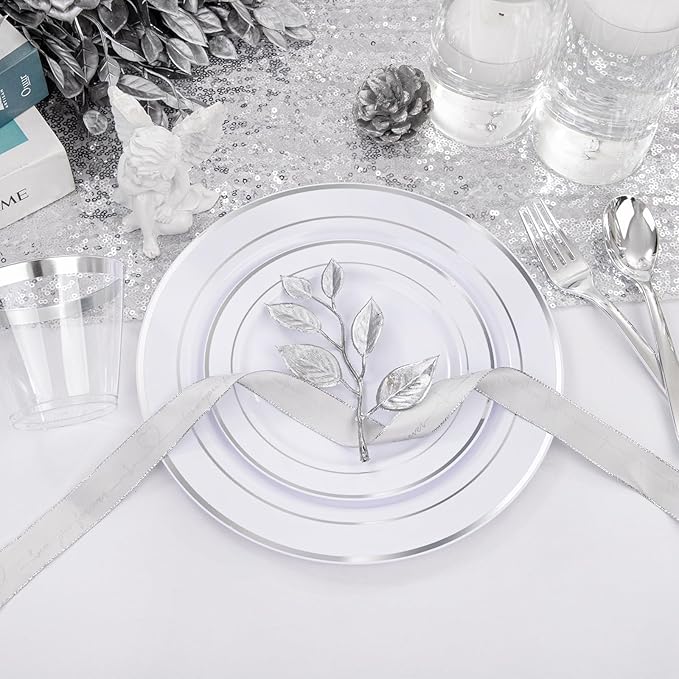 WELLIFE 300Pcs Silver Elegant Plastic Dinnerware Set for 50 Guests - Premium Disposable Party Supplies Includes Dinner Plates, Salad Plates, Cups & Flatware Set for Wedding, Anniversary, Banquet