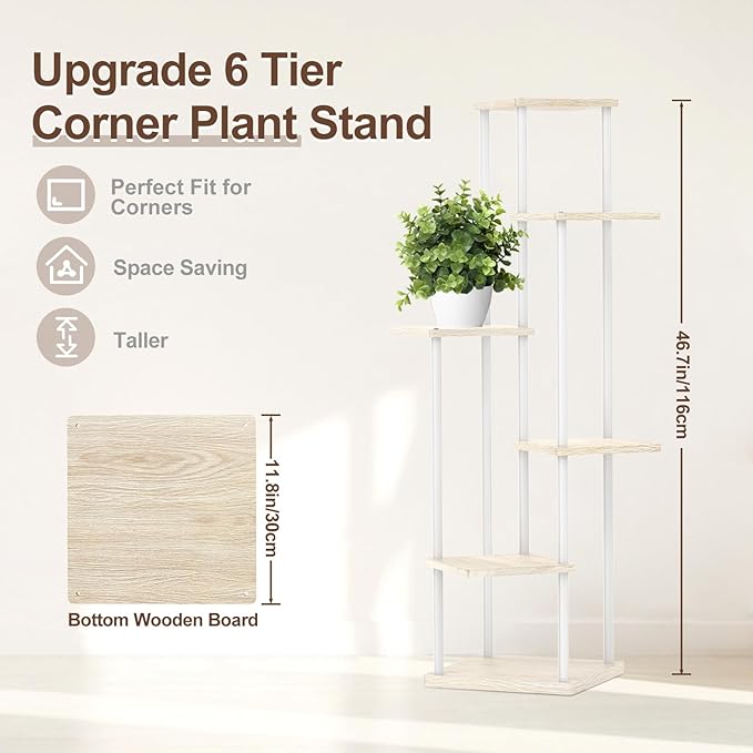6 Tier Tall Plant Stand Indoor, Large Metal Wood Muti Level Vertical Planter Shelf Orchid Holder for Narrow Corner, Sturdy Heavy Duty Flower Display Rack for House Decor Living Room Bedroom, White