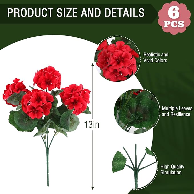Hananona 6 Bundles Artificial Geranium Flowers for Outdoors Silk Geranium Flowers Outdoor UV Resistant Garden Plants Faux Flower for Home Kitchen Table Centerpieces Decor (6, Red)