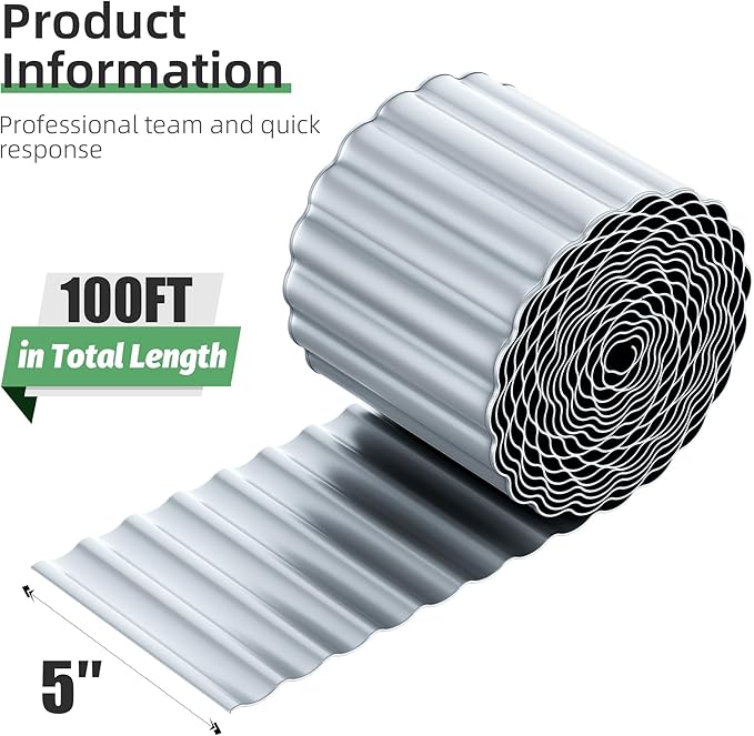 AHEONLAR Corrugated Metal Garden Edging, 5''×100Ft Garden Border Edging, Landscape Edging Border, Metal Edging for Landscaping, Garden, Pathway, Lawn, Flower Bed(Silver)