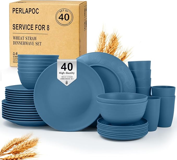40-Piece Wheat Straw Dinnerware Sets,Unbreakable Dishes Set for 8 - Drinking Cups, Plates and Bowls Sets, Reusable Microwave Safe Dinnerware Set for Home, Outdooor, RVs - Blue