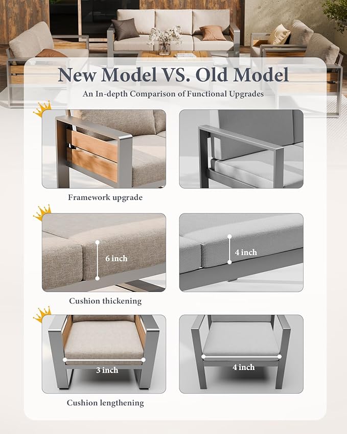 ZANDOR Aluminum Outdoor Patio Furniture - 1 Pcs 3-Seat and Coffee Table, All-Weather Metal Modern Outside Furniture with Washable Thick Cushion for Garden/Backyard/Porch, Grey