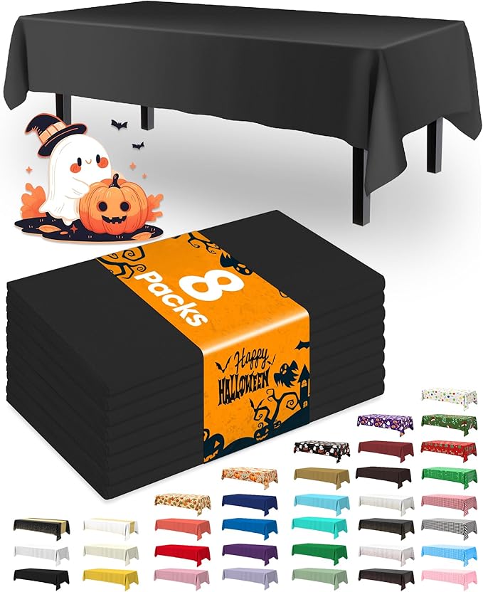 Pureegg Plastic Table Cloth Disposable 8 Pack, 54 x 108 Inch Table Cloths, Graduation Decorations Class of 2025, Graduation Party Tablecloths, Rectangle, Plastic Cover, Leakproof & Sturdy, Black