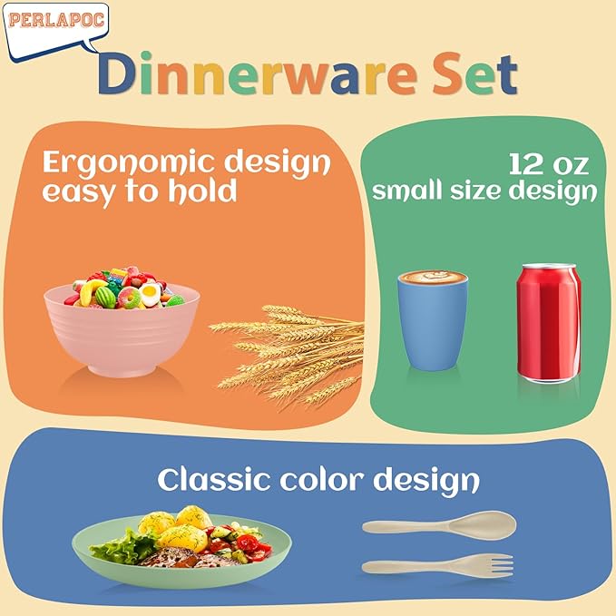 Wheat Straw Dinnerware Sets, Service for 4, Kitchen Plates and Bowls Sets with Dinner Plate/Cereal Bowl/Cup/Fork/Spoon, 20-Piece for Outdoor Camping, RV, Apartment Essentials - Colorful