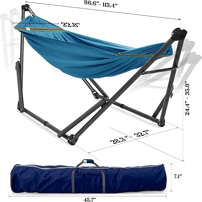 Tranquillo Uniki Hammock Stand 550 lbs Capacity, Portable, Collapsible Outdoor Hammock with Stand, Signature Steel Stand Breathable Canvas Hammock Net, Blue