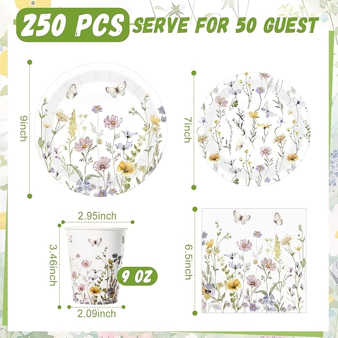 250 Pcs Wildflower Party Decorations Include Spring Summer Floral Paper Plates Napkins and Cups for Wildflower Baby Shower Tea Decorations, Serve 50 Guest(Light Color,Elegant Style)