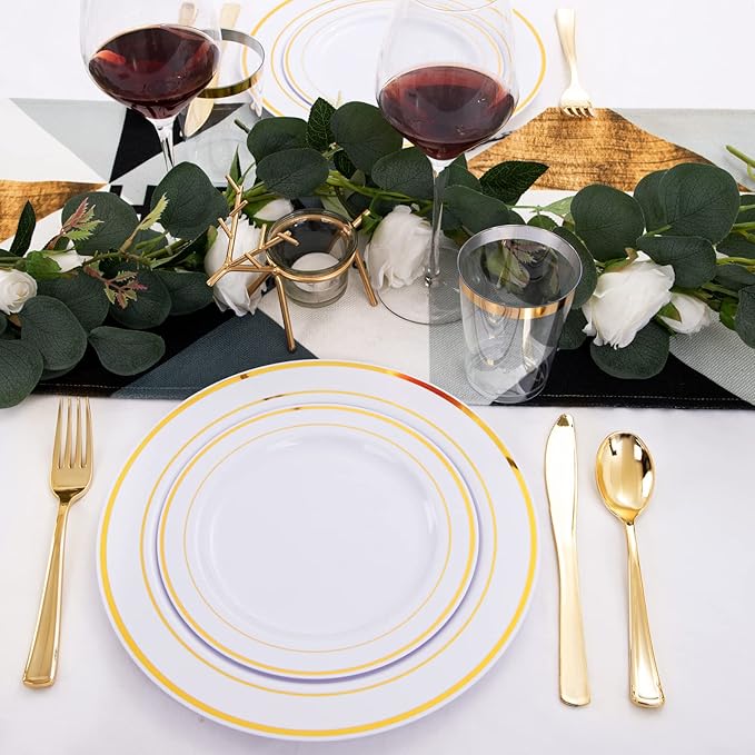 WELLIFE 96 Pcs Gold Plastic Dinnerware Set, Disposable Silverware and Cups, Gold Dinnerware Set, Includes: 16 Dinner Plates 10.25", 16 Dessert Plates 7.5", 16 Cutlery for Party