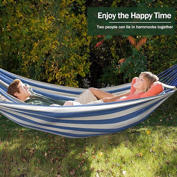 MOSFiATA Hammocks Portable Camping Hammock Upgraded 550lb Comfortable Fabric Hammock with Two Anti Roll Balance Beam and Sturdy Metal Knot Tree Straps for Camping, Patio, Backyard, Outdoor(Blue White)