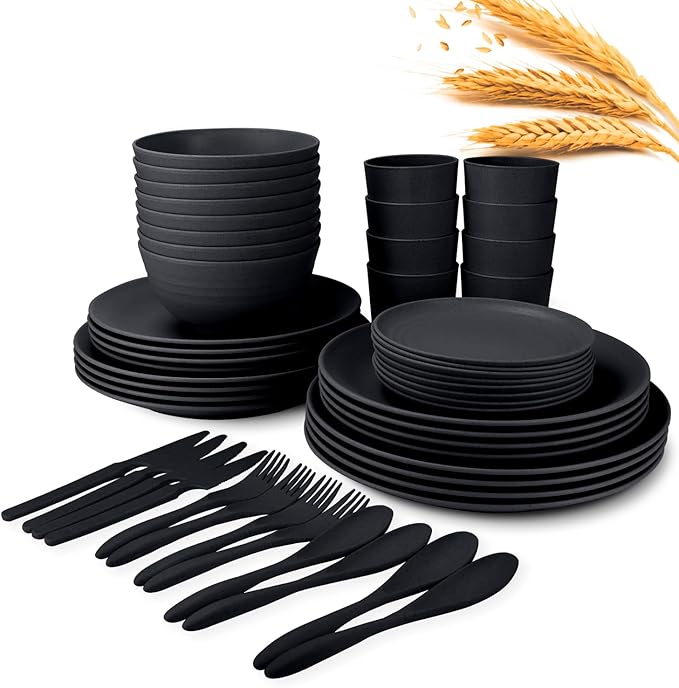 Wrova Wheat Straw Plate and Bowl sets with cups and cutlery set of 64- Unbreakable Dinnerware sets service for 8 - Microwave and Dishwasher safe dish sets for kitchen,camping.Black