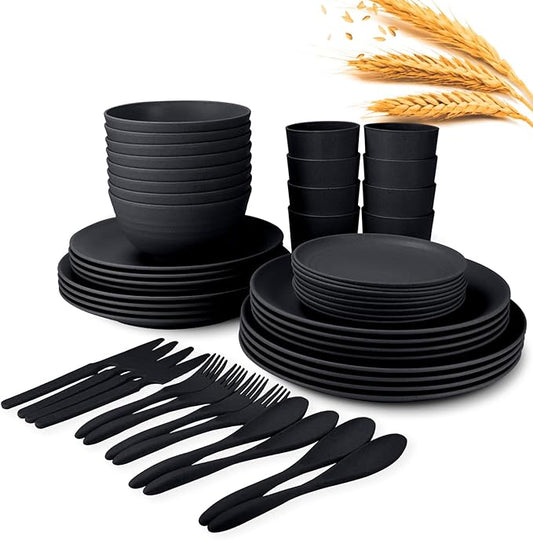 Wrova Wheat Straw Plate and Bowl sets with cups and cutlery set of 64- Unbreakable Dinnerware sets service for 8 - Microwave and Dishwasher safe dish sets for kitchen,camping.Black