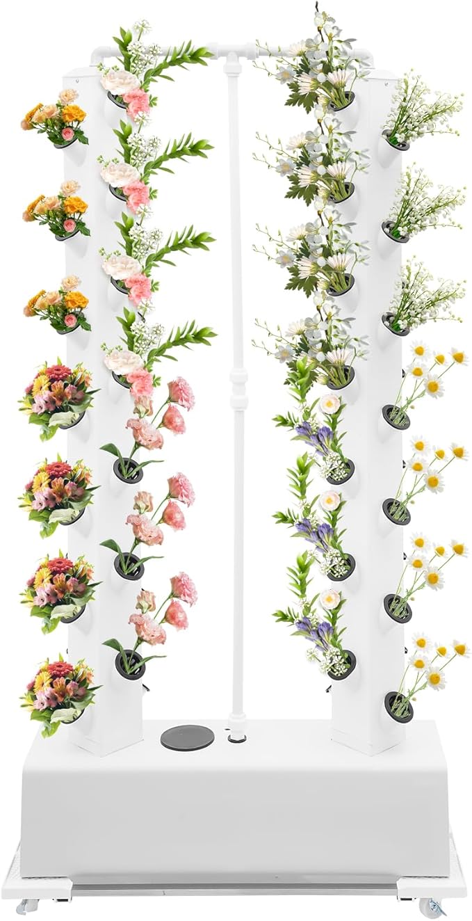 56-Hole Hydroponic Growing Kit Vertical - 8Gal Auto Watering System w/Timer, 4 Wheels for Indoor/Outdoor | Grow Lettuce, Strawberries, Tomatoes