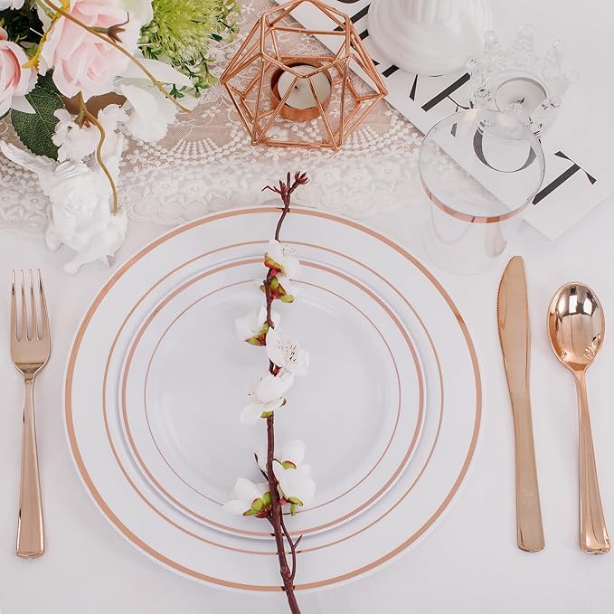 WELLIFE 150 Pcs Rose Gold Plastic Plates with Disposable Rose Gold Cutlery, Includes: 25 Dinner Plate 10.25", 25 Dessert Plates 7.5", 25 Cups 9OZ and 25 Silverware for Wedding