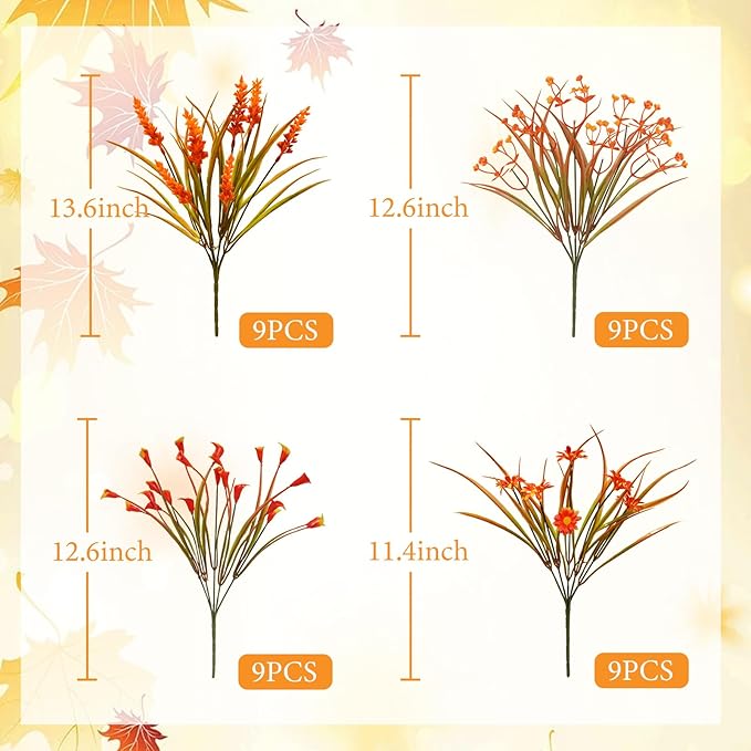 36 Bundles Artificial Fall Flowers for Outdoor UV Resistant Faux Plastic Plants Fake Flowers Greenery Shrubs for Autumn Patio Window Box Kitchen Indoor Outdoor Decor