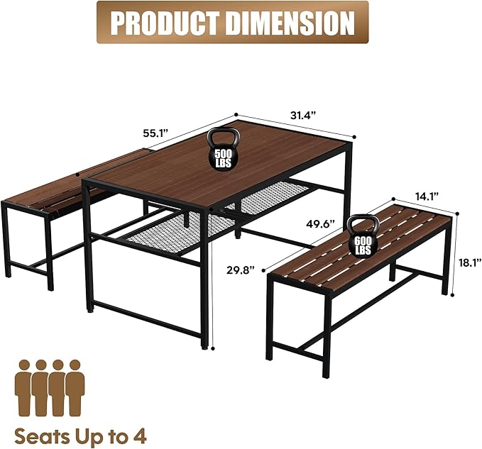 55'' Outdoor Picnic Table and Bench Set with 2" Umbrella Hole and Storage Shelf, Patio Dining Set for 6 People, Outdoor Dining Table and Chair for Garden Yard Porch- Brown
