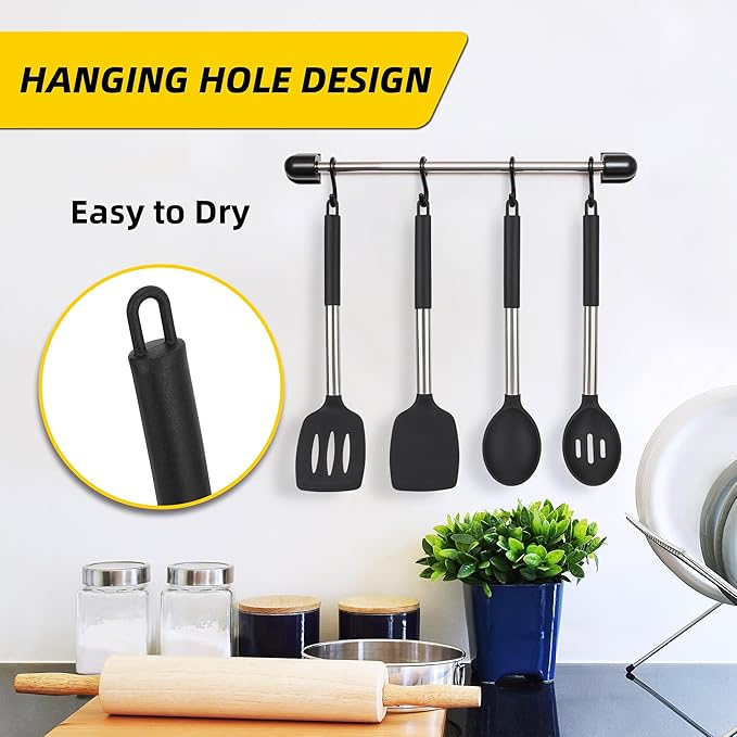 4 Pack Silicone Utensils Set, Non Stick Solid Spatulas, Heat Resistant Blue Slotted Spoons with Stainless Steel Handle, BPA Free Cooking Turner for Stir-Fry, Frying, Mixing, Serving,Draining,Turning