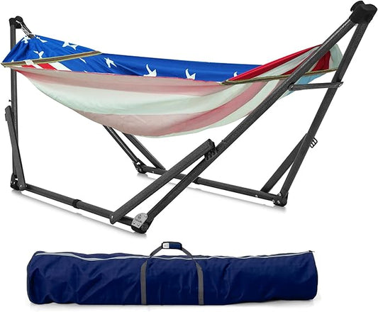 Tranquillo Uniki Adjustable Hammock with Stand for Indoor and Outdoor, Portable Camping Hammock Frame, 550 lbs Capacity, Collapsible and Durable, American Flag
