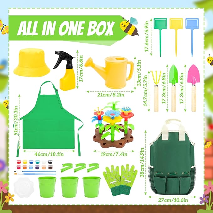 deAO Kids Gardening Set Arts and Crafts for Kids Paint Garden Tools DIY Flower Building Toys with Shovel, Trowel, Rake, Water Can,Gloves,Tote Bag,Apron,Painting Accessories,Outdoor Gift for Boys Girls