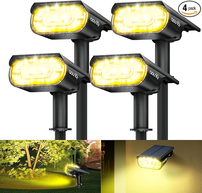4 Pack Solar Spot Lights Outdoor 1000 Lumens, 64 LEDs IP67 Waterproof Landscape Lighting with 4 Modes - 2-in-1 Solar Spotlight & Pathway Light for Garden, Yard, Patio Decor, Warm White