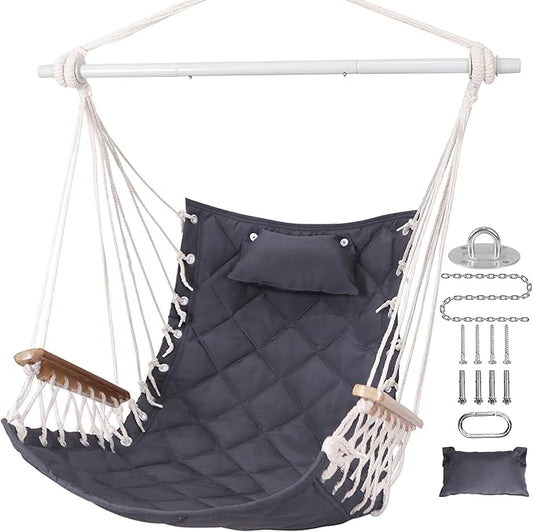 Hammock Chair Hanging Swing with Wooden Armrests;Steel Spreader Bar,Pillows,Hardware kit Included;Cotton Woven Fabric;Up to 350 Lbs,for Indoor or Outdoor