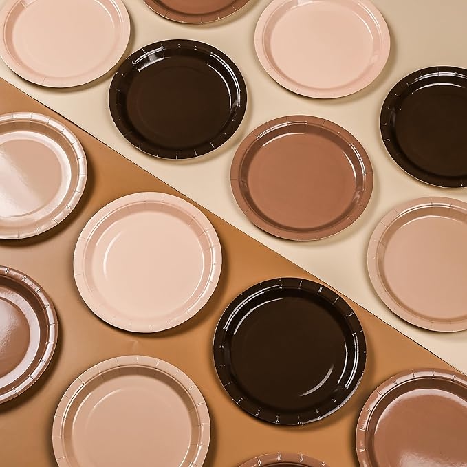 48Pcs Brown Paper Plates Gradient Brown Party Plates 4 Colors 7”Disposable Round Dessert Plates for Birthday Holiday Thanksgiving Gathering Party Supplies