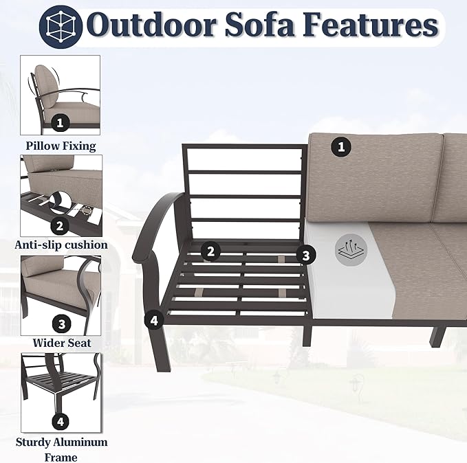 Kurapika Patio Furniture Set 10-Piece Aluminum Sectional Sofa with Armrest, Modern Outdoor Conversation Set w/55000 BTU Propane Fire Pit Table, Metal Corner Sofa with Ottoman, Sand
