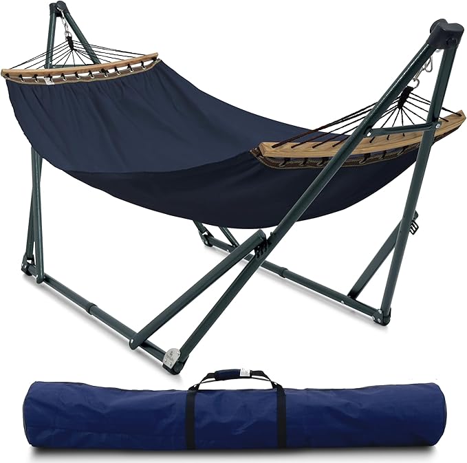 Tranquillo Ultimate Relaxation Portable Hammock Stand with Cotton Canvas Net, Spreader Bar, Quick Fold Unfold in 30 Seconds Steel Frame Hammock 600 lbs Capacity Outdoor, Navy