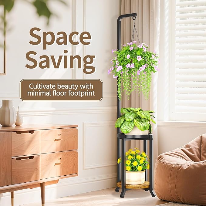 LASZOLA Black 2 Tier 61.5 Inch Tall Plant Stand Indoor with Hanging Ring, Large Heavy Duty Metal Vertical Corner Rack for Multiple Planter, Sturdy Rustic Flower Shelf Holder Organizer for House Patio