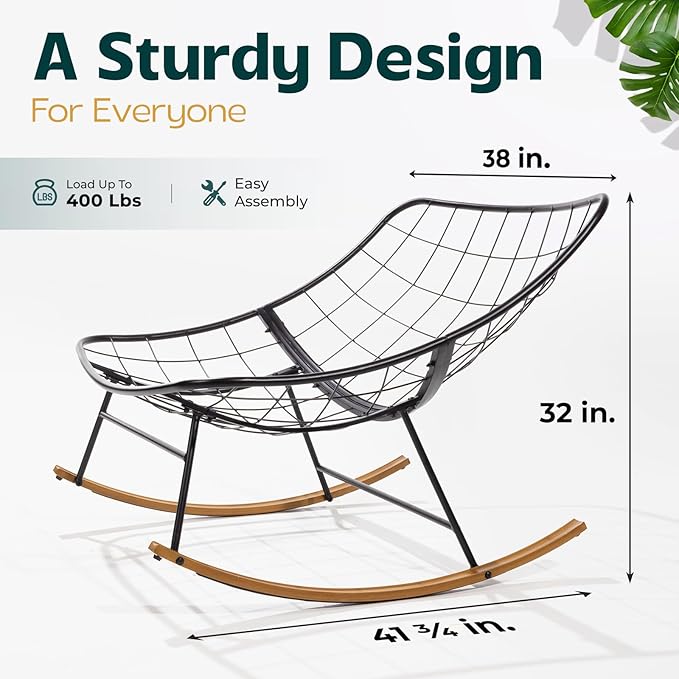 Bme Patio Rocking Chair Outdoor & Indoor, Metal Patio Lounge Rocking Chair with Thick Cushion, Comfy Modern Rocker Chair for Living Room, Porch, Backyard, Grey Cushion - Wood Texture Rocker