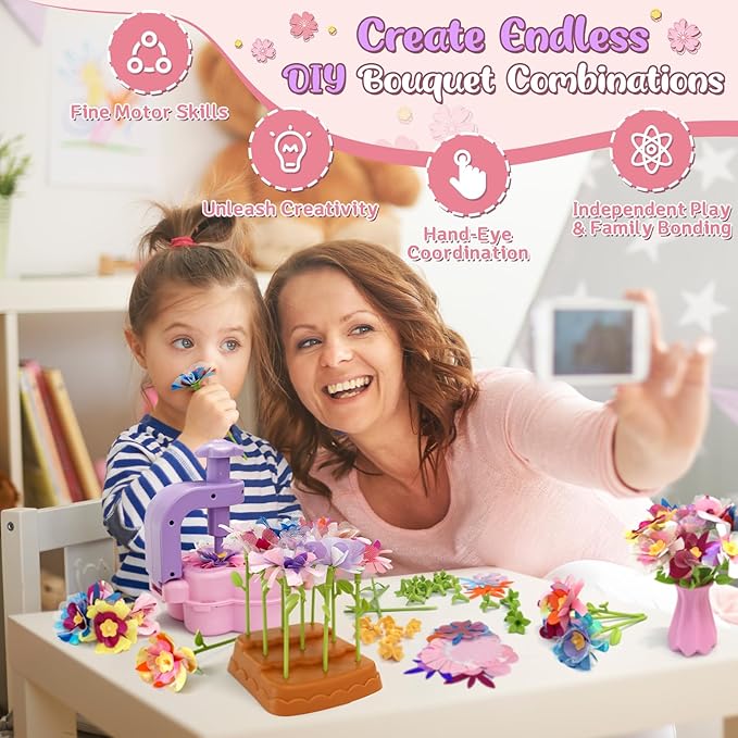 Fabric Flower Bouquets Toys – Mess-Free Flower Crafts for Kids & DIY Arts and Crafts for Child Ages 3 4 5 6 7 8 9+, No Glue Needed, Fun Early Educational STEM Gift for Birthdays, Christmas, Holidays