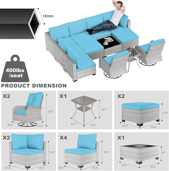 12-Piece Patio Furniture Set, Outdoor Patio Furniture with Swivel Chairs Set, Ottomans, Modular Patio Sofa, Dual-Strand Wicker Rattan, Rust-Resistant Frame, Lake Blue