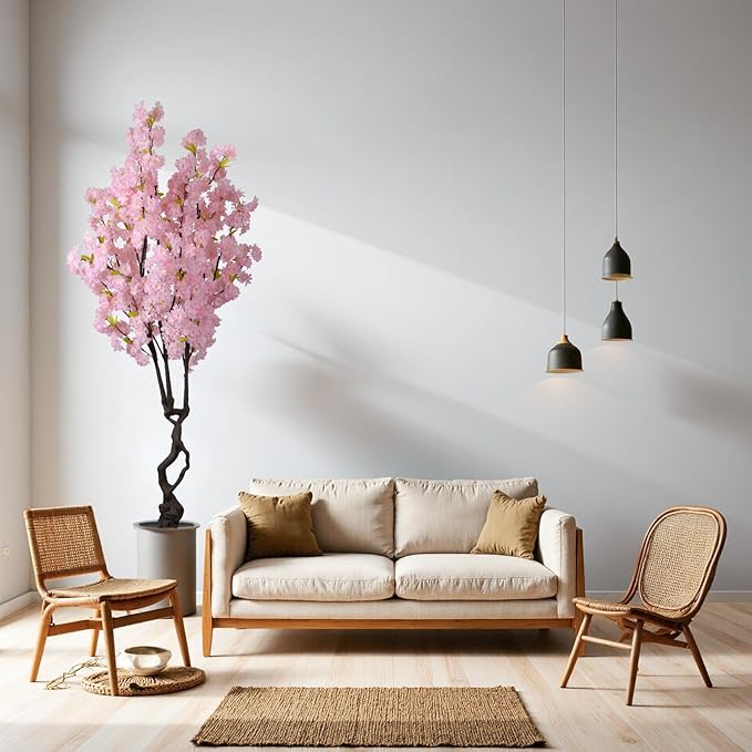Artificial Pink Cherry Blossom Tree,7ft(84in) Faux Japanese Sakura Indoor Decoration,Natural Fake Cherry Floral Tree Outdoor Decor,Realistic Silk Pink Flowers for Living Room,Office,Wedding Party