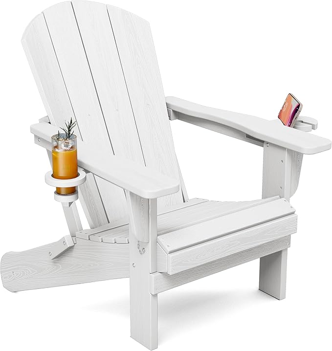 SERWALL Folding Adirondack Chair, Dual Cup Holders & All-Weather HDPE, Wood-Like Patio Chair for Backyard, Camping，Pool & Fire Pit- White