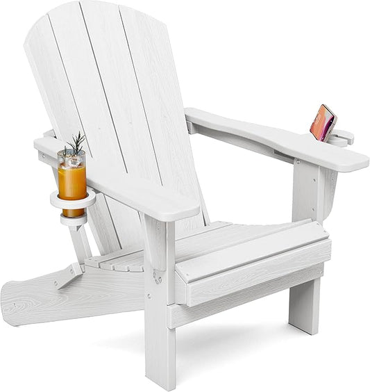 SERWALL Folding Adirondack Chair, Dual Cup Holders & All-Weather HDPE, Wood-Like Patio Chair for Backyard, Camping，Pool & Fire Pit- White