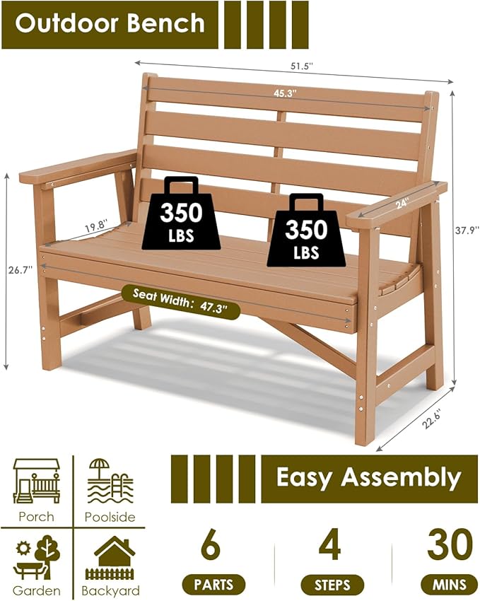 GREENVINES Outdoor Bench | 51.5’’ | HDPE | Garden Benches | Weatherproof | for Outdoors Patio Park Porch Outside Backyard | 2-Person | Teak