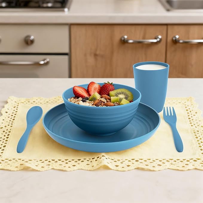Premium Wheat Straw Dinnerware Sets for 4, Reusable Plastic Dinner Plates, Unbreakable Plates and Bowls Sets 20-Piece, Dishwasher & Microwave Safe - Blue